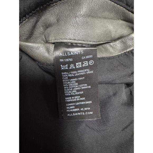 AllSaints Leather Biker Jacket Womens 4 Gray Conroy Quilted Shoulders Moto Zip - Picture 12 of 15